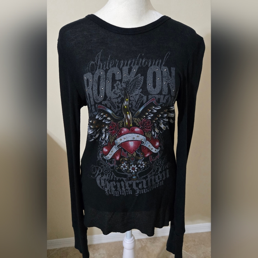 Bejeweled Black Graphic Long Sleeve Top with Rhinestones